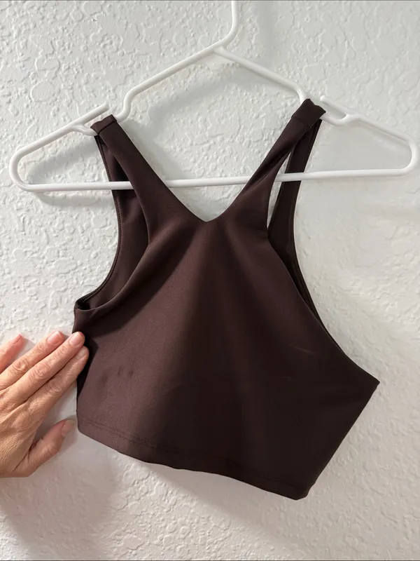 PELOTON Women's Chocolate Brown Asymmetric Cropped Sports Bra with Purple Logo - Image 7