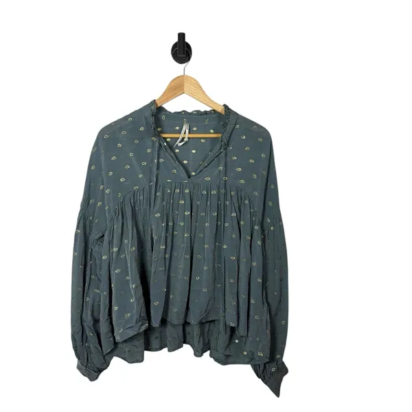 By Anthropologie Women’s Ruffled Peasant Blouse in Blue/Gold Metallic M - Image 5