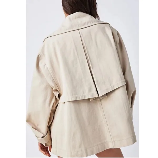FREE PEOPLE‎ Tan Highlands Double-Breasted Cotton Peacoat Oversized Size Small - Image 3