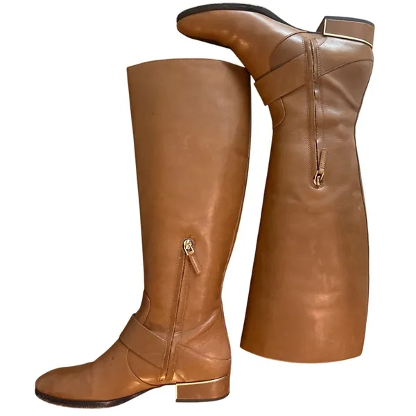 Tory Burch Sofia 40343 Cognac Leather Riding Boots Gold Buckle 8.5 - Image 5
