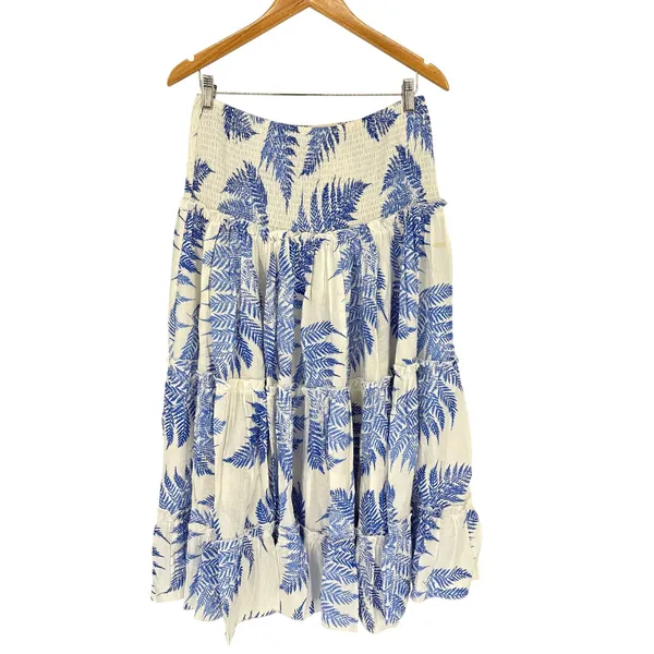 ee:some Blue White Botanical Fern Print Tiered Ruffle Maxi Skirt Dress‎ Smocked - Image 9