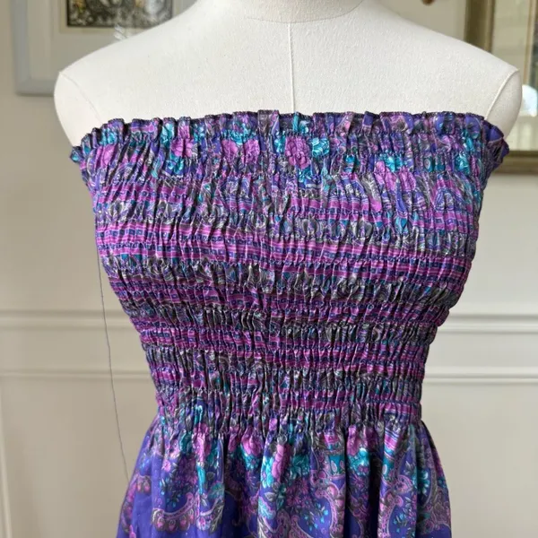 Vintage 80s Purple Strapless Smocked Top Sun Dress S - Image 3