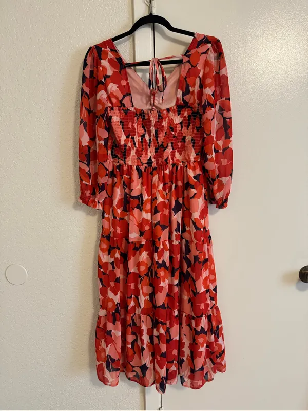 Sincerely Jules Floral Tiered Midi Dress Long Sleeve Chiffon Red Pink Navy Sz M - Image 4