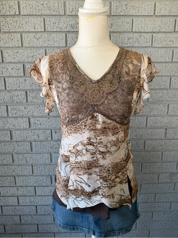 Vtg Y2K Hyukbee Rare Lace Sequin Top Brown Snake Print Babydoll - Image 2