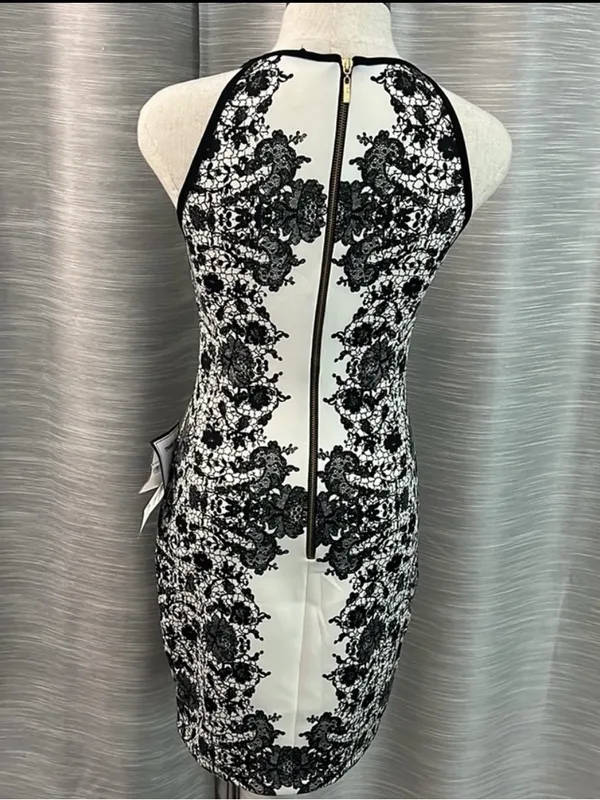 B Darlin White Halter Mini Dress with Black Lace Print - Image 5
