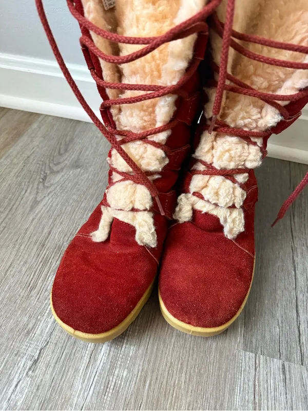 American Vintage Vintage 70s Leather Sherpa Wedge Chunky Eskimo Boots Red Teddy Winter Boots 8 - Image 3