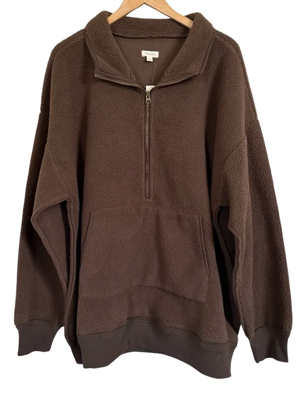 Pilcro Anthropologie Half Zip Sherpa Fleece Pullover Chocolate Brown XL NWT - Image 4