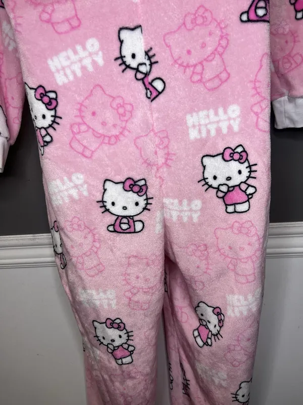 Hello Kitty One Piece Pajamas Womens XL Pink Hooded Fleece One-piece Sleepwear - Image 9