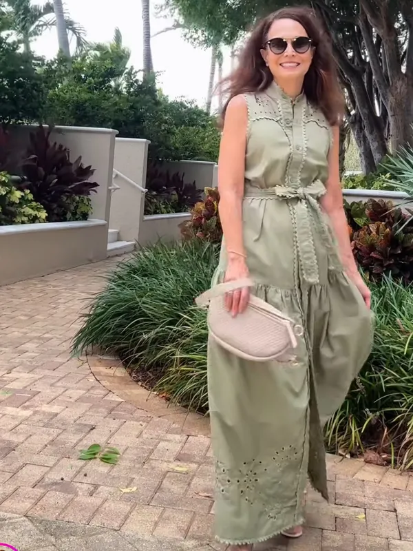 AVEC LES FILLES Eyelet Cotton Button Down Sage Green Maxi Dress - Image 3