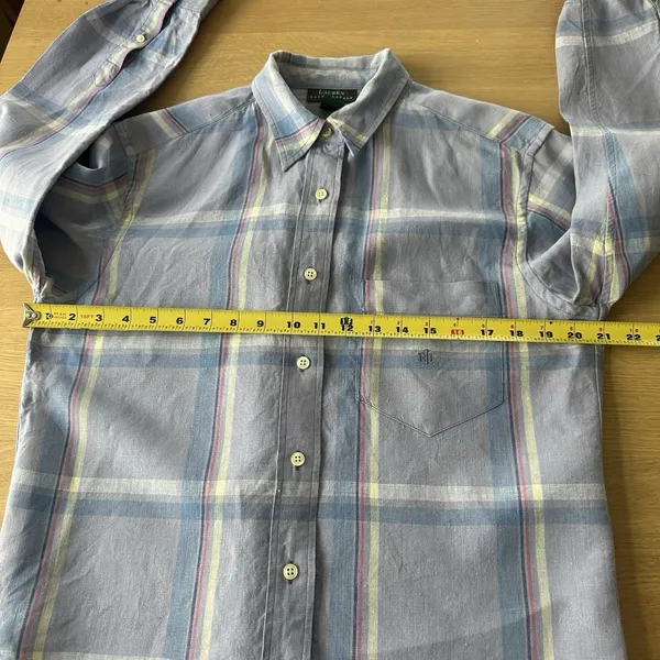 Vintage 100% LInen Lauren Ralph Lauren Button Down Shirt Sz M Plaid Preppy Indie - Image 11