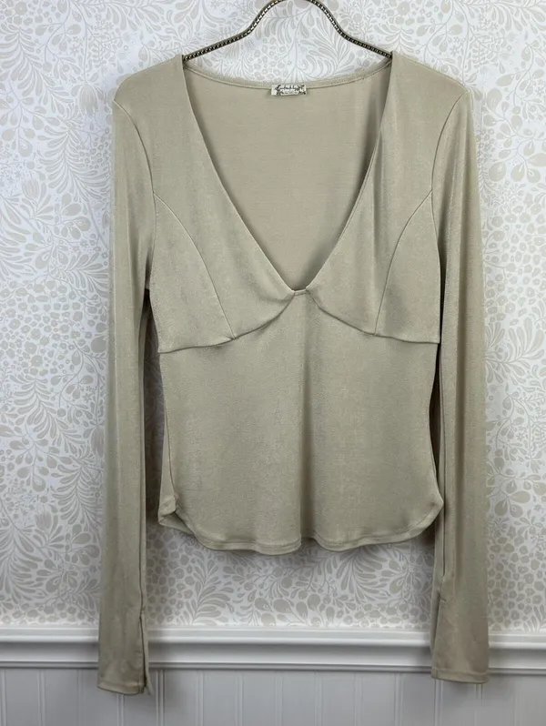 Intimately Free People Beige Slinky Deep V-Neck Fitted Top - Size - Medium - Image 2