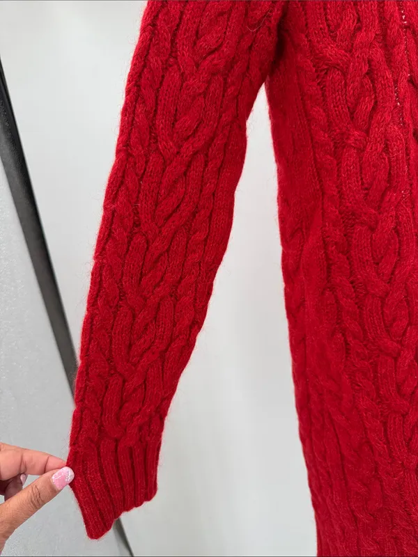 Ralph Lauren Red Cable-Knit cowl neck Cardigan S open front wool mohair angora - Image 6