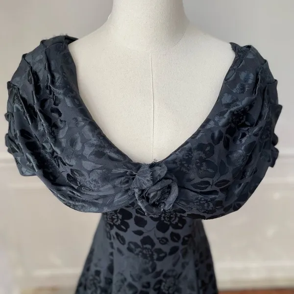 Vintage 80s 90s Off Shoulder Jacquard Short Dress Goth Black Green XS - Image 3