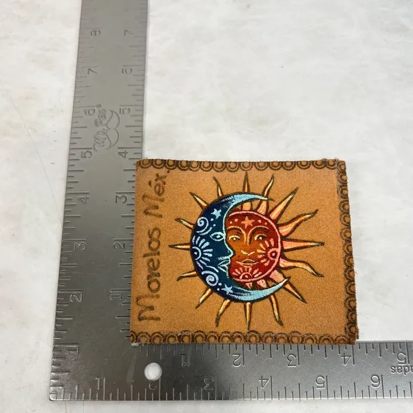 Morelos Mexico Hand Painted Leather Sun Moon Bifold Wallet Tan Celestial Zipper - Image 6