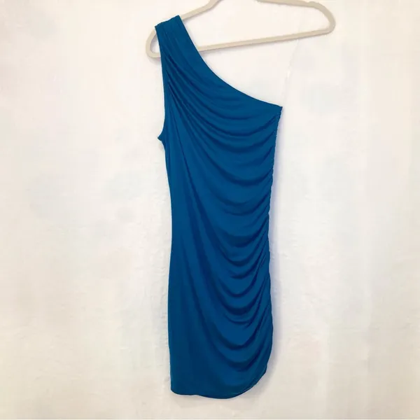 A New Day Teal Blue Asymmetrical Ruched Cocktail Bodycon Mini Dress Size Small - Image 5