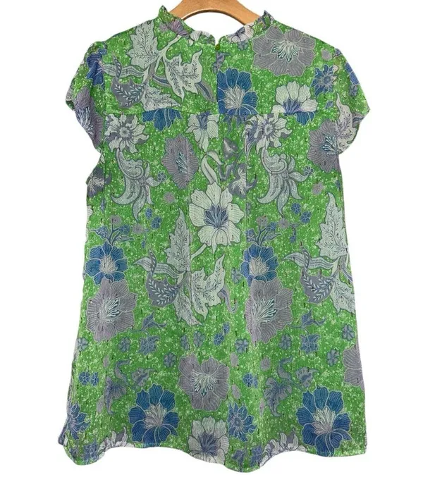 Joie Women’s L Green Pleat Femme Floral Cap Sleeve Ruffle Crew Neck Blouse Top - Image 2