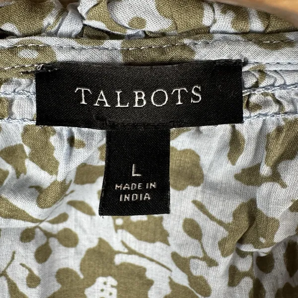 Talbots Cotton Popover Top Large Blue Sage Green Floral Ruffle Trim Long Sleeve - Image 5