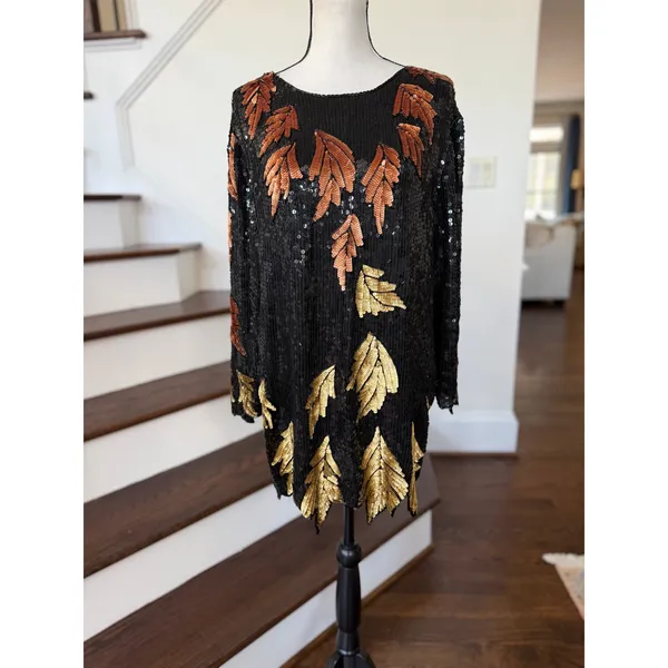 Vintage 90s Black Gold Fall Leaf Pattern Silk Sequin Long Sleeve Shift Dress - Image 5