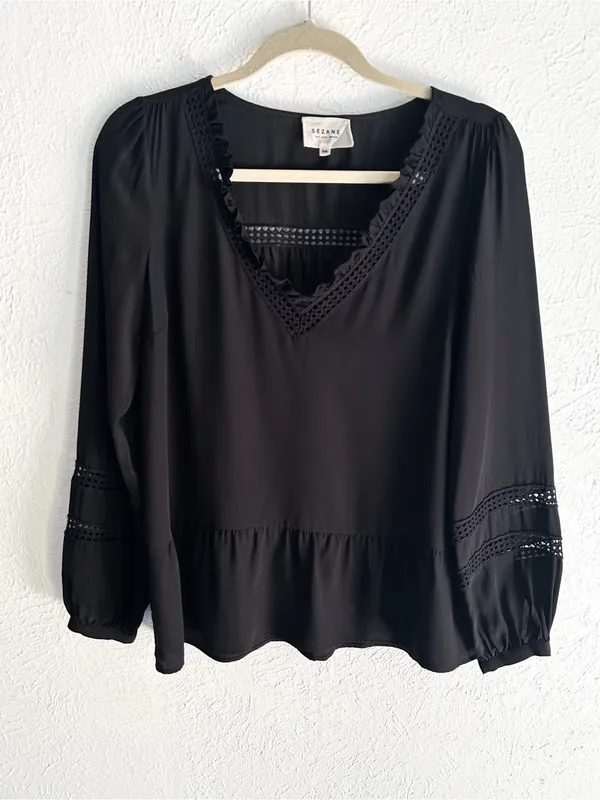 Sézane Angelina Top Black 100% Silk Lace Trim Blouse Size 36 US 4 - Image 2