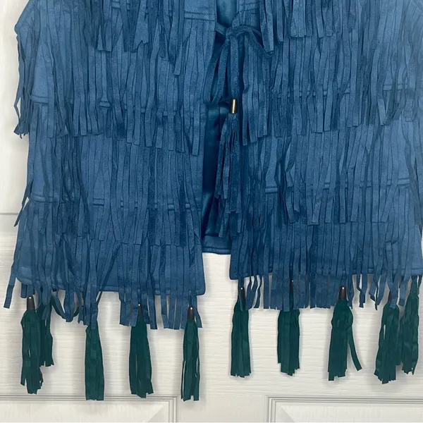 V Christina Faux Suede Fringe Blue Vest Size S Festival Ready Boho - Image 4