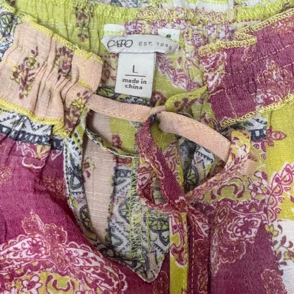 Cato Womens Patchwork Print Ruffle Tie Neck Blouse‎ Pink Yellow Size L - Image 5