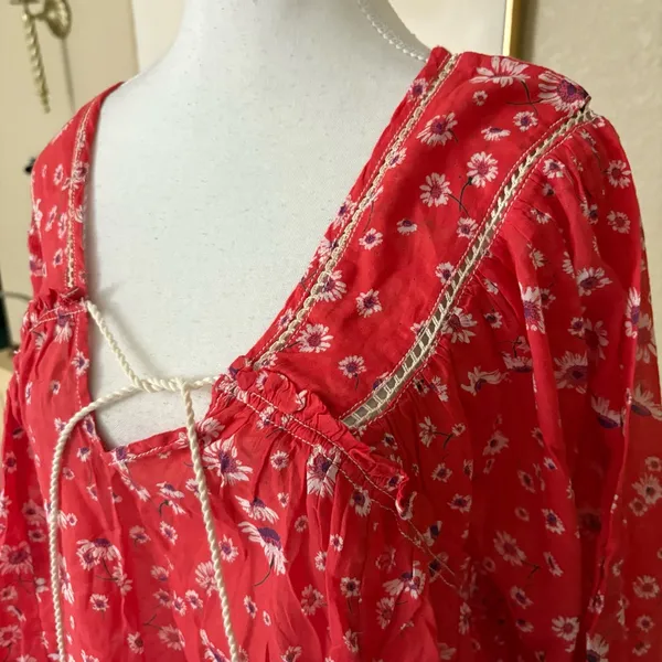 FREE PEOPLE Never A Dull Moment Blouse Cotton Red Floral Size‎ Small Boho - Image 5