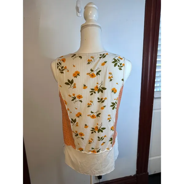 Ava James Womens Floral Mixed Media Ribbed V-Neck Tank Top White Orange Size M - Image 3