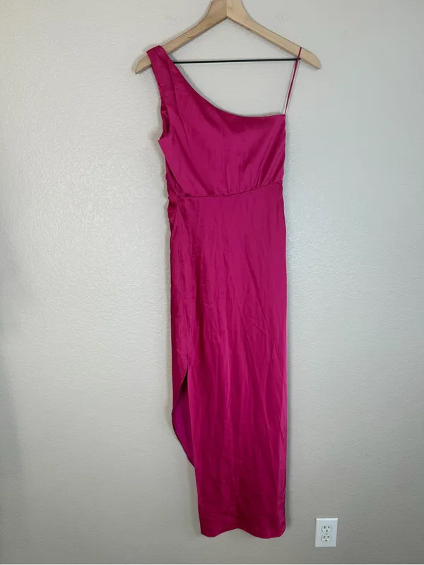 Abercrombie & Fitch Satin One Shoulder Knotted Midi Dress Fuchsia XS NEW $130 - Image 12