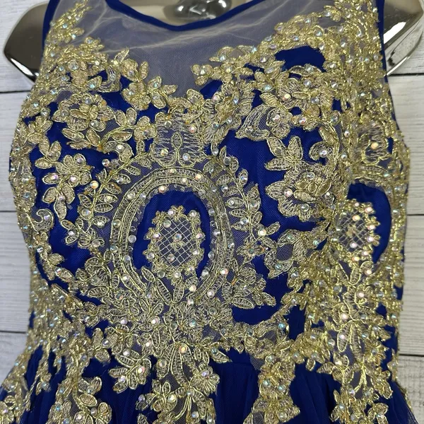 Tulle Prom Homecoming‎ Dress Blue & Gold High Neck Tank Above Knee Length Size 4 - Image 4