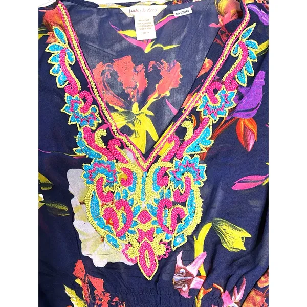Navy Floral Beaded Bodice Swim Cover Top size Medium Blue - Image 4