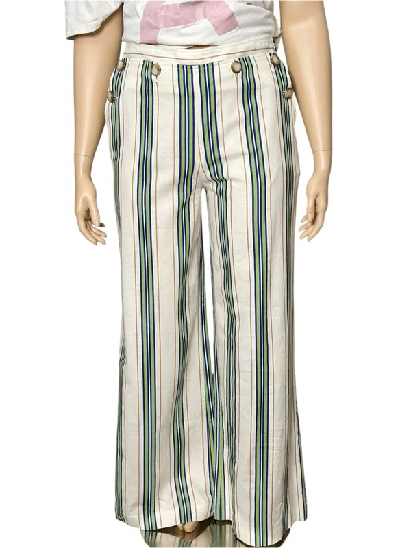SÉZANE Clayton Linen Cotton Pants, Beige Blue Green Stripes, FR44/US12 - Image 4