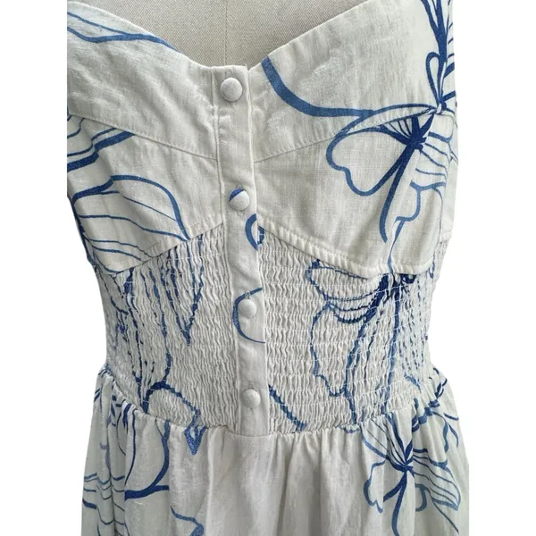 Gap Linen-Blend Smocked Corset Midi Dress Blue & White Floral Size Medium - Image 9