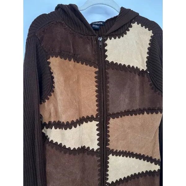 Vintage Y2K Misdemeanor‎ Patchwork Suede Hooded Duster Cardigan Sweater Jacket L - Image 2