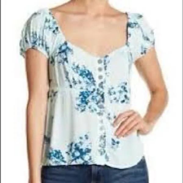 Free People Blue Floral Peasant Top XS Cottagecore Boho Puff Sleeve Babydoll - Image 11