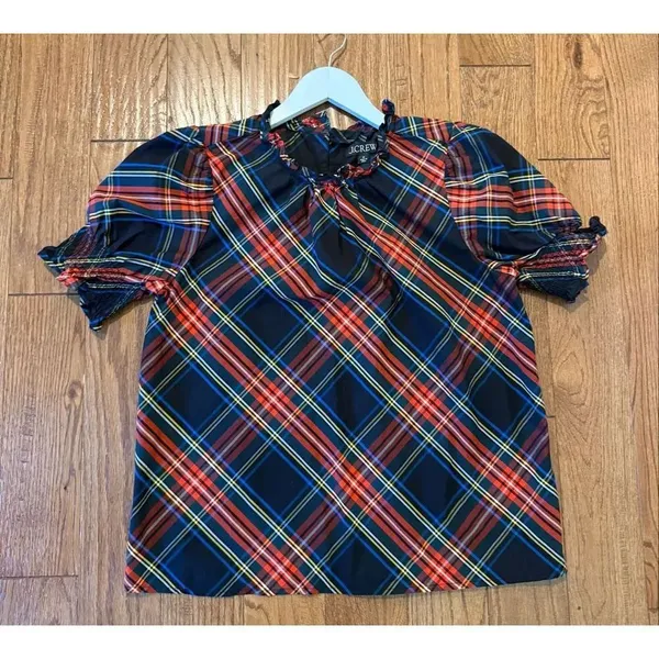 J.crew plaid ruffle neck puff sleeve top M Red Size M - Image 6