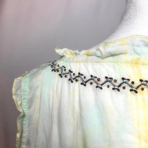 Vintage Y2K Tokyo Denim Yellow Silk Hippie Embroider Bead Tank Blouse Top Medium - Image 9