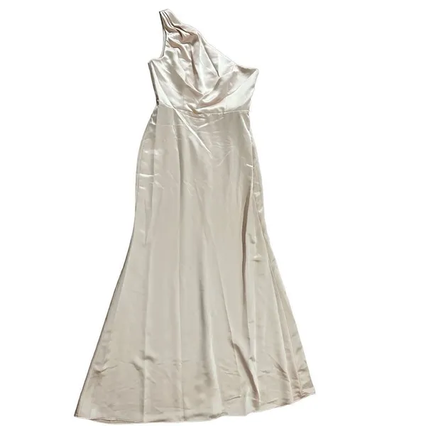 NWT LOVELY Shirred One-Shoulder Satin Trumpet Dress‎ sz 10 Cameo - Image 5