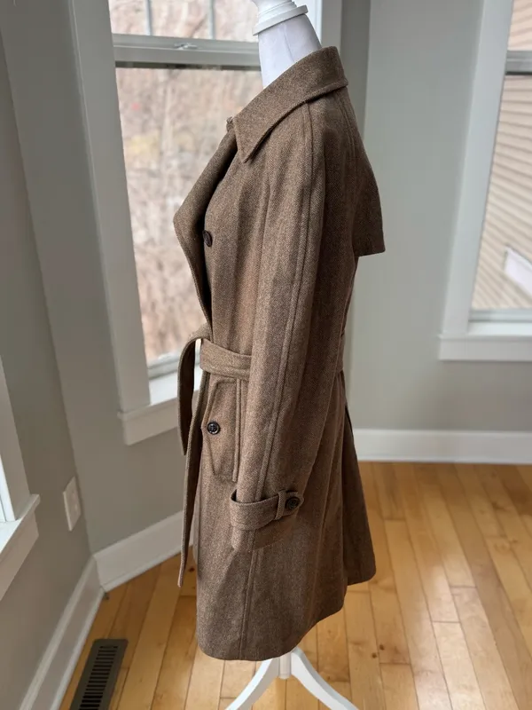 Vintage GAP Tan Wool Herringbone Belted Trench Coat Size Medium - Image 2