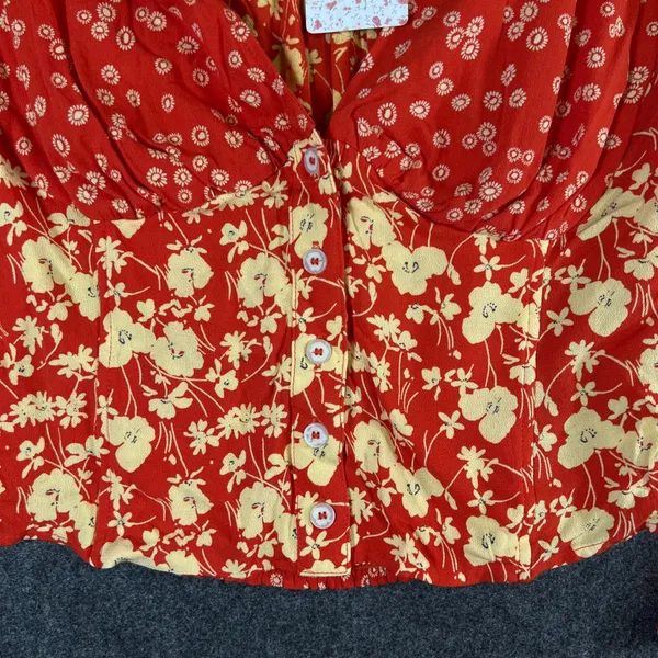 Free People Red Floral Mixed Print Blouse Flared Sleeve Smocked Back L Boho NWT - Image 10