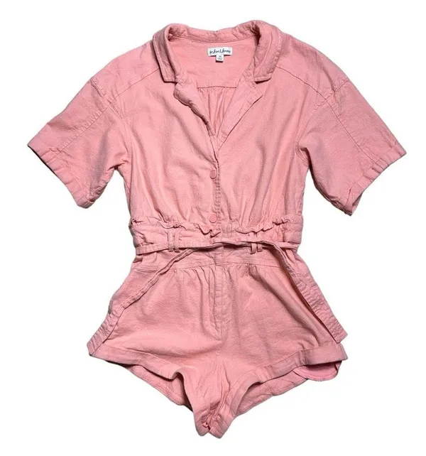 For Love & Lemons Pink Millie Linen Blend Romper in Mango US XS - Image 2