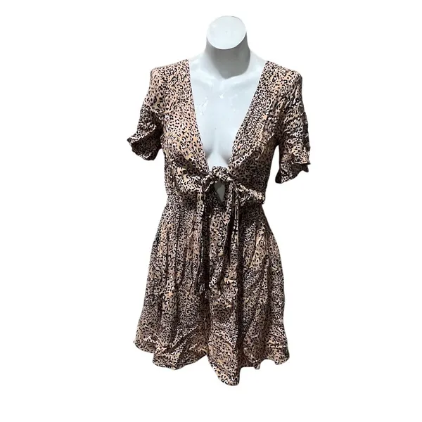 By Together Mini Dress Womens M Beige Leopard Print Tie-Front V-Neck - Image 10