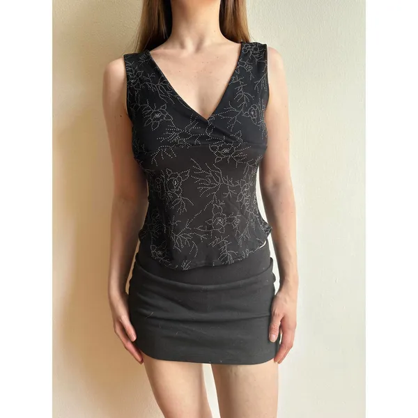 Black Floral Stretchy Vest Top Vintage MAC - Image 3