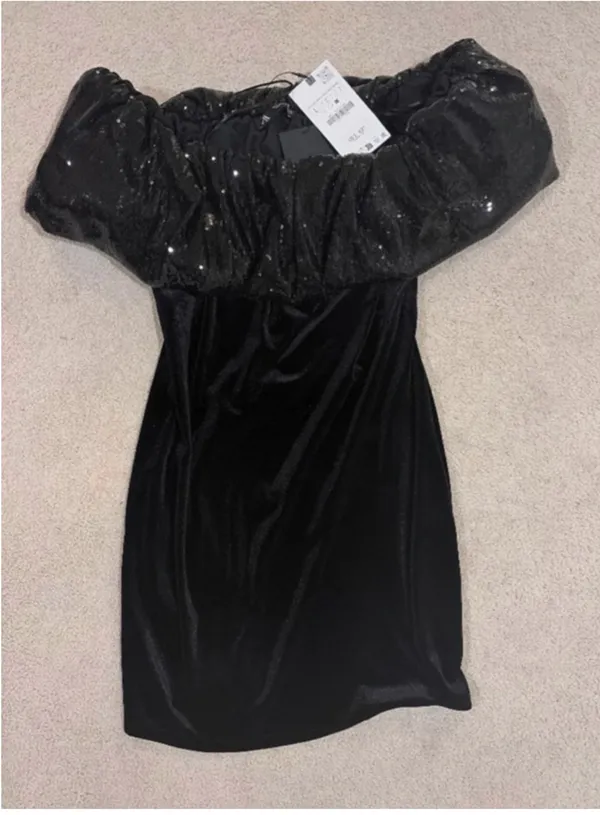 Zara Off-Shoulder Black Mini Dress with Sequin Trim - Image 6