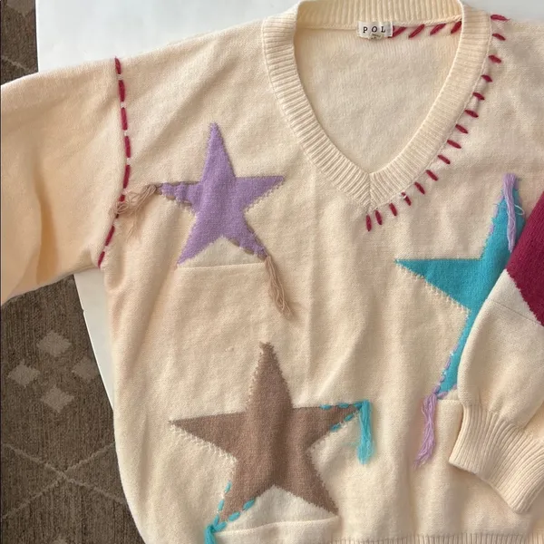POL Patchwork Star Sweater - Beige V Neck Thick Knit Size Medium - Image 5