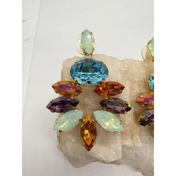 Colorful‎ Rhinestone Dangle Drop Gold Tone Earrings Pierced Statement Heavy - Image 3