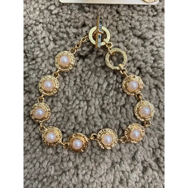 Saachi Gold Tone Pearl Charm Bracelet Statement Earring Jewelry Set - Image 3