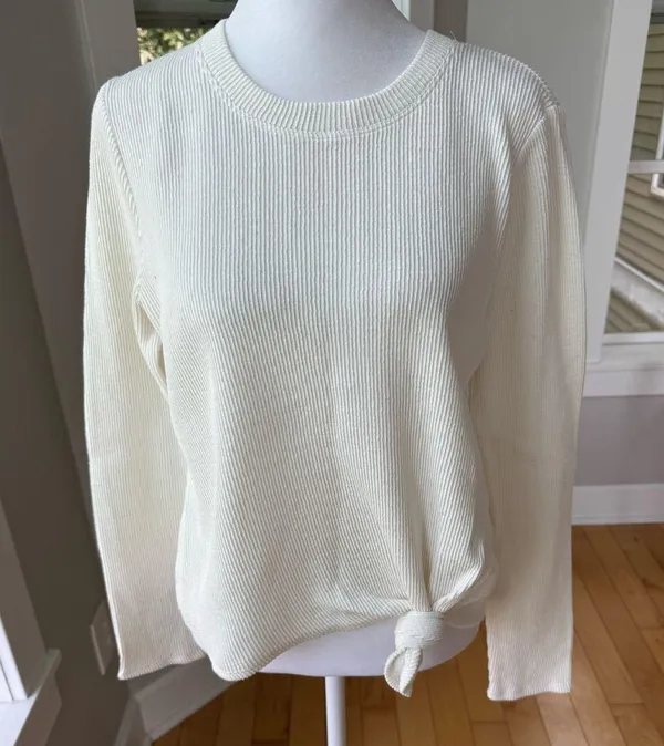 Madewell Texture & Thread Jacquard Ivory Ribbed Tie Front Long Sleeve Top Small - Image 11