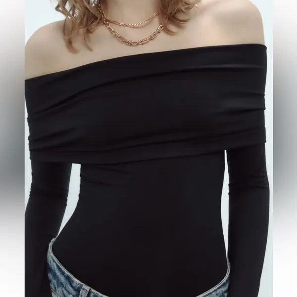 Zara NWT off shoulder long sleeve stretchy bodysuit fitted top - Image 3