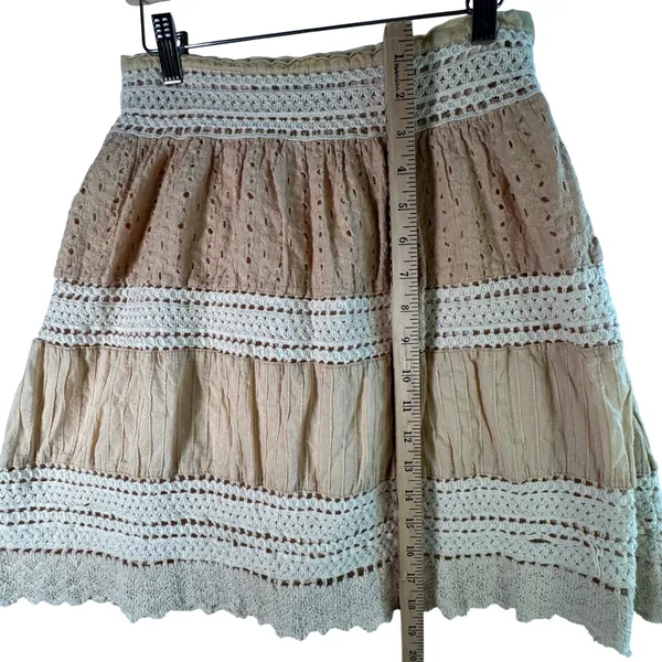 Crochet Lace Eyelet Tiered Mini Skirt S Tan Boho Cottagecore Prairie‎ Fairy Soft - Image 6