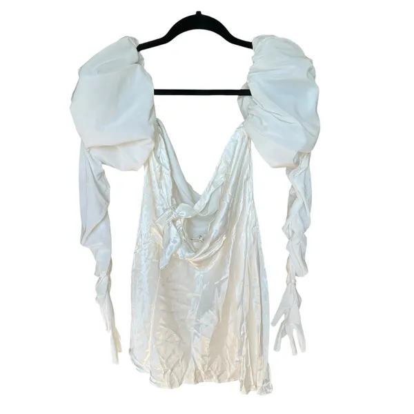 For Love & Lemons White Puff Sleeve Mini Dress Back Tie Satin Bridal Medium‎ NWT - Image 9